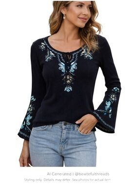 Boho Beaded Embroidered Bell Sleeve Knit Top Festival Chic